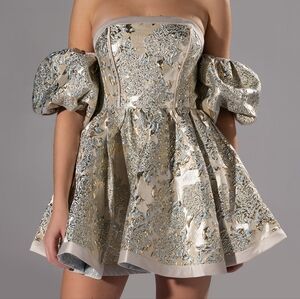 Off the shoulder brocade dress, champain, gold, and blue dress